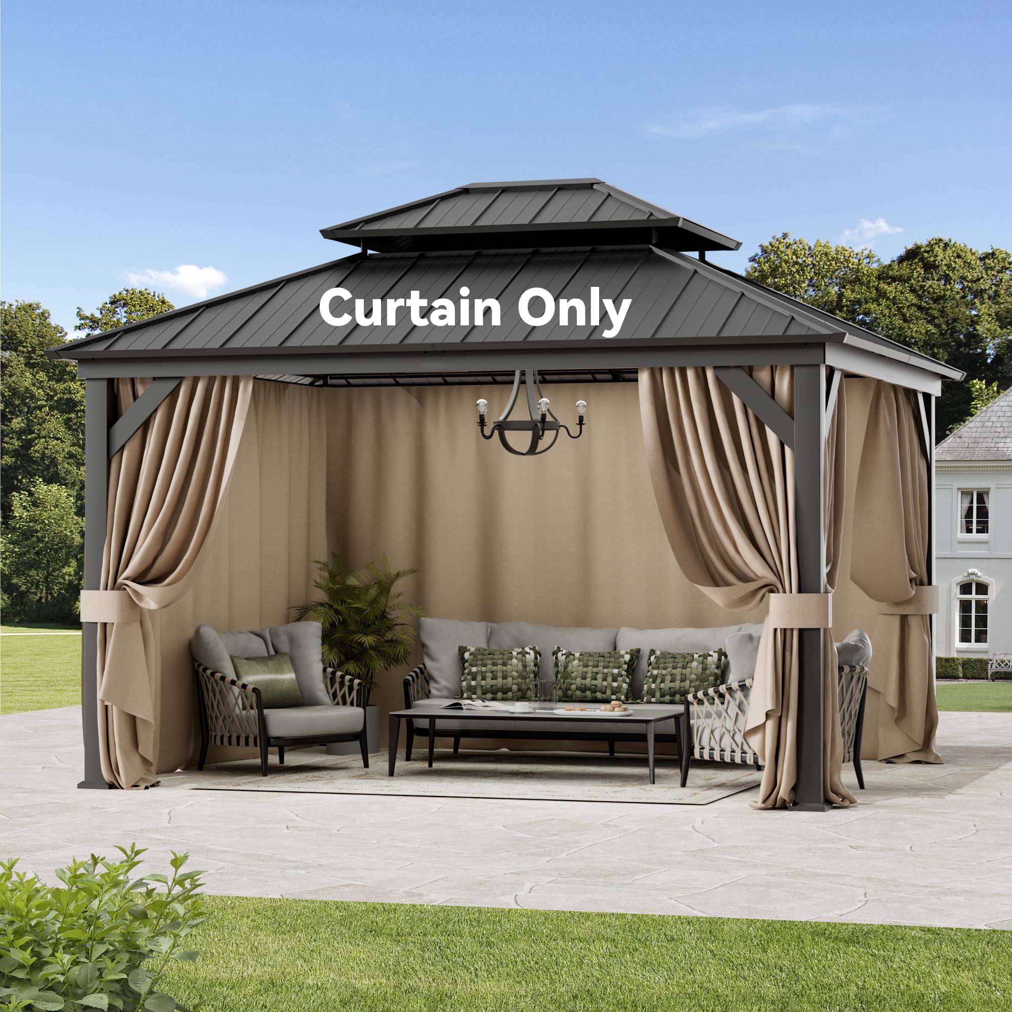 Covered Outdoor front view assembled curtains showing full privacy coverage and clean look