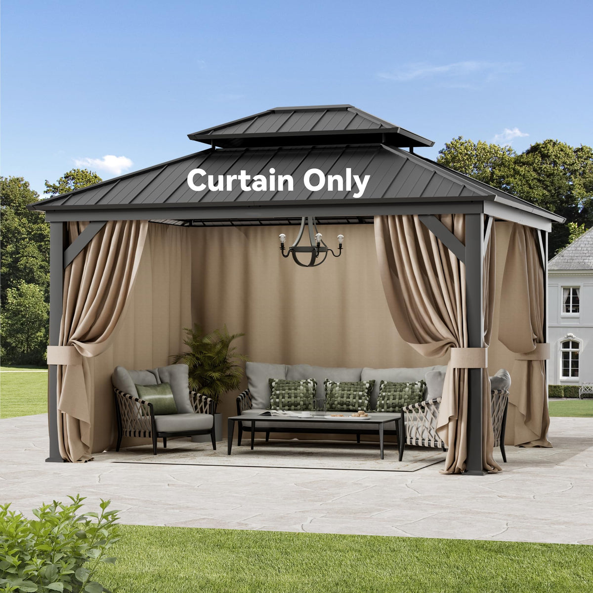 Covered Outdoor front view assembled curtains showing full privacy coverage and clean look