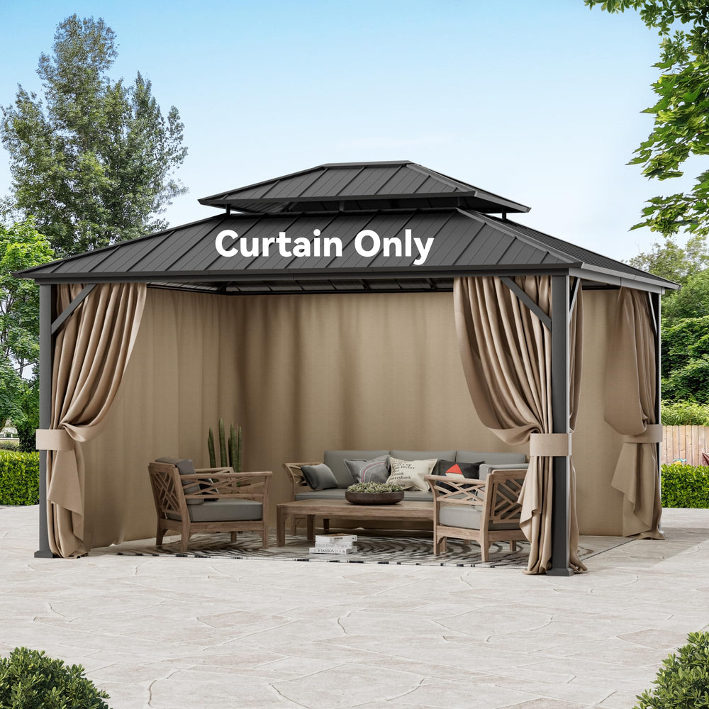 Covered Outdoor front view of packaged 4-panel curtains showing organized panels and labels for easy replacement