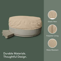 Covermates tan cap installed on spa illustrating easy protection in use