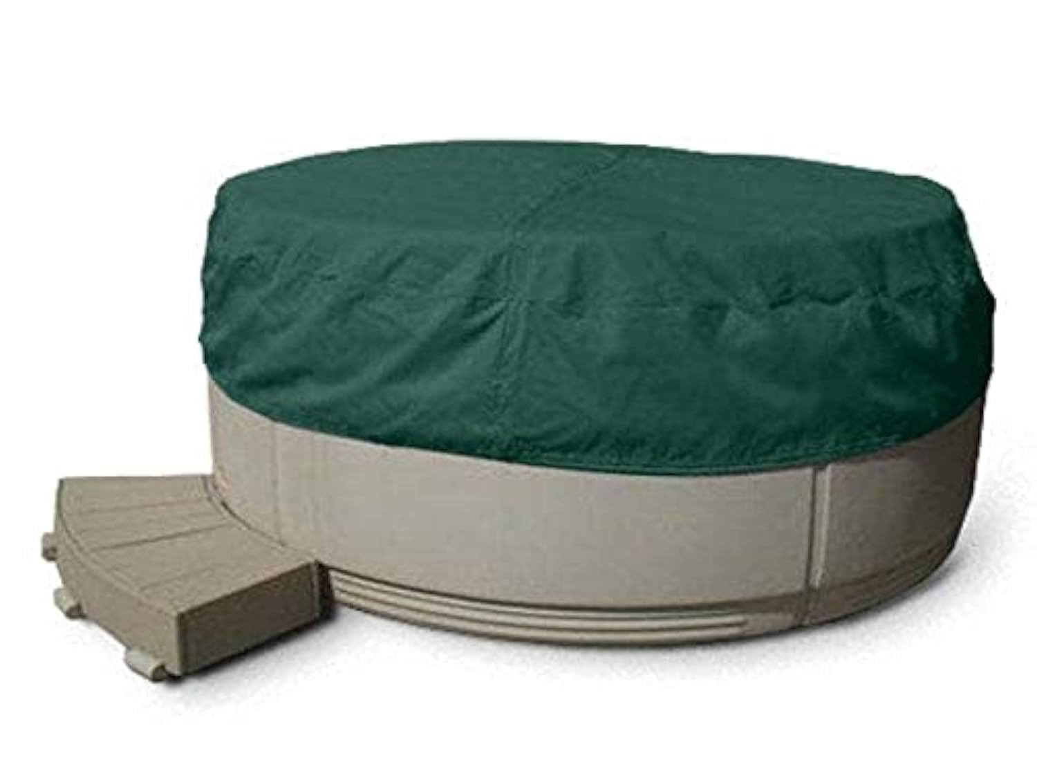 Covermates front view of green round 80x14 cover showing full protection and curb appeal