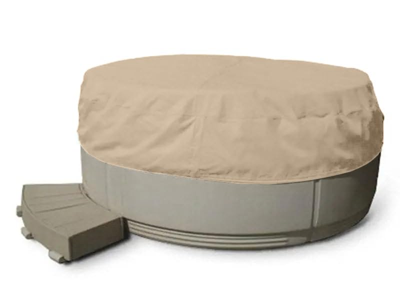 Covermates front view of tan round hot tub cap showing full coverage benefit