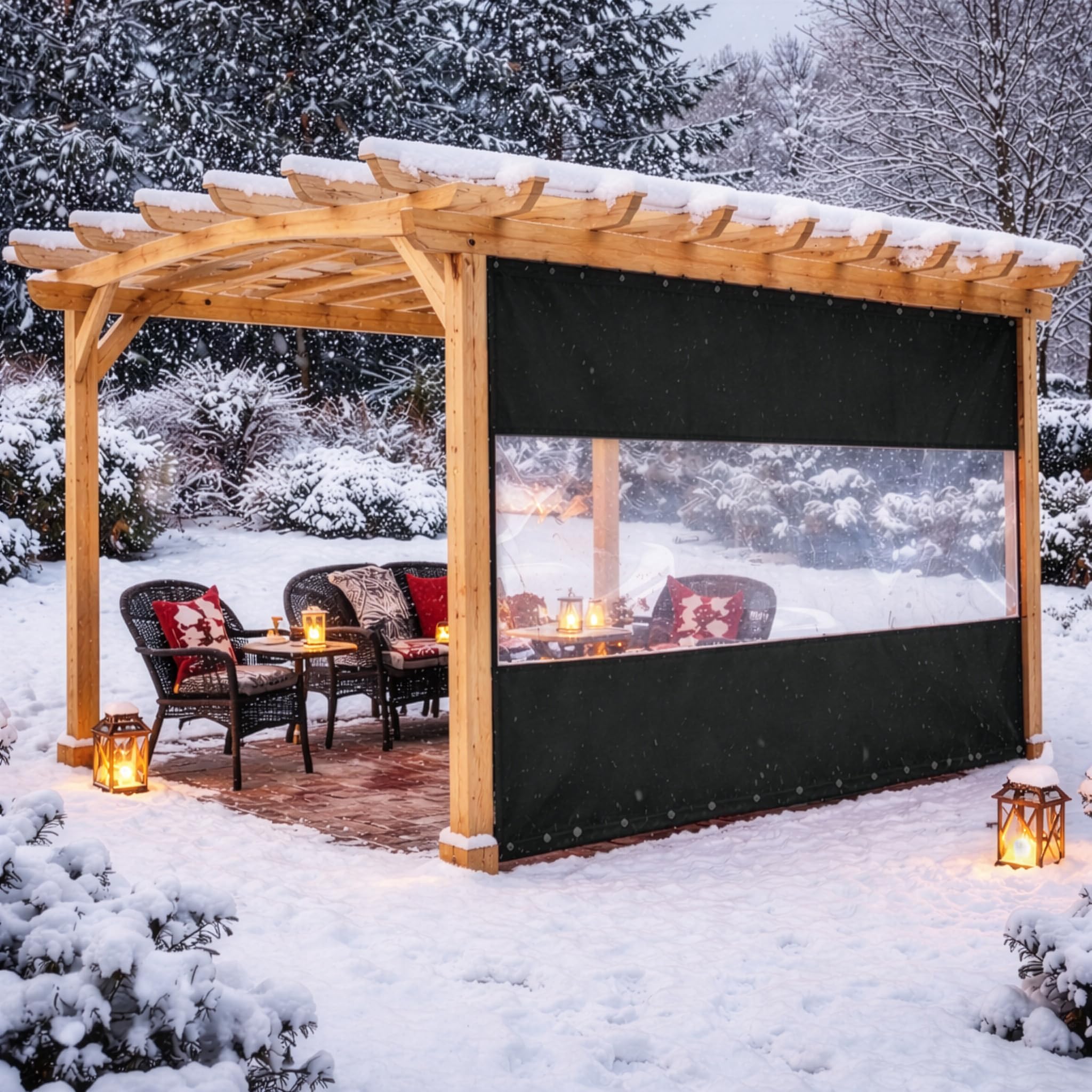 Covers & All installed on porch in use showing shelter, light, and outdoor comfort