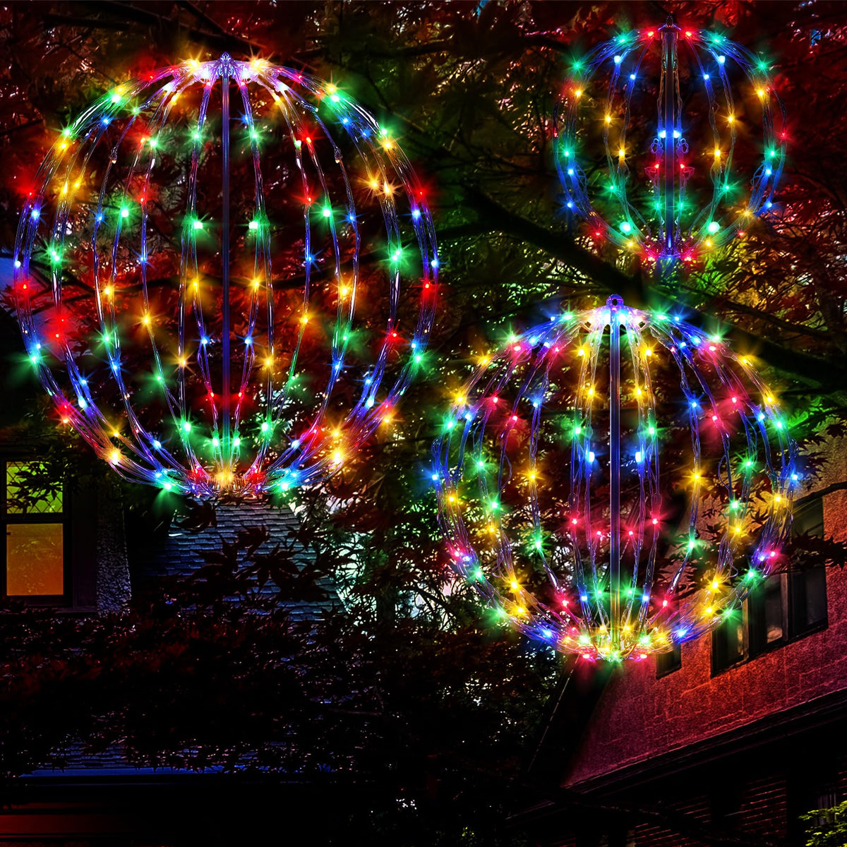 COVFEVER three LED spheres hung on porch showcasing bright festive glow