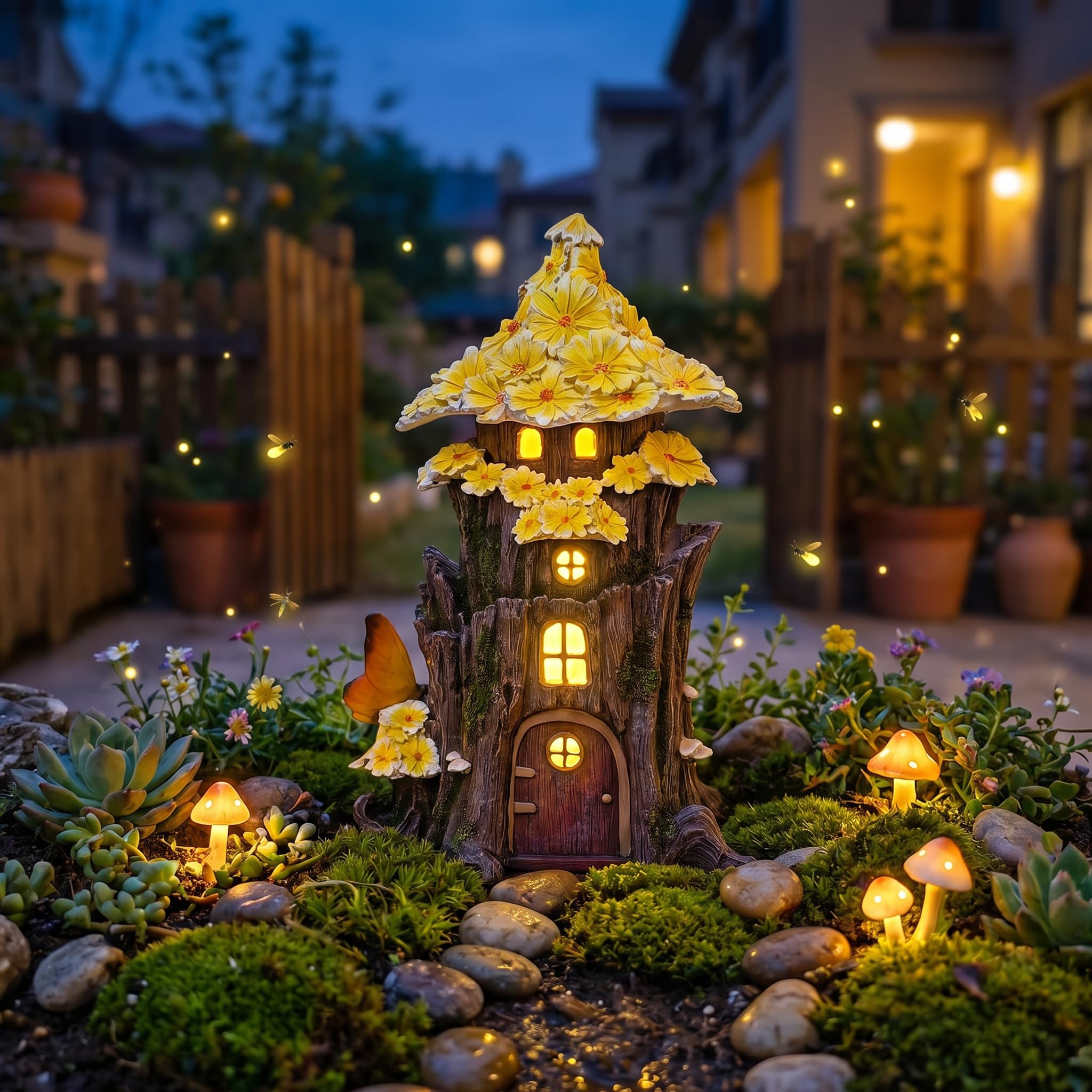 COWOS fairy house on a patio table creating decorative evening accent lighting