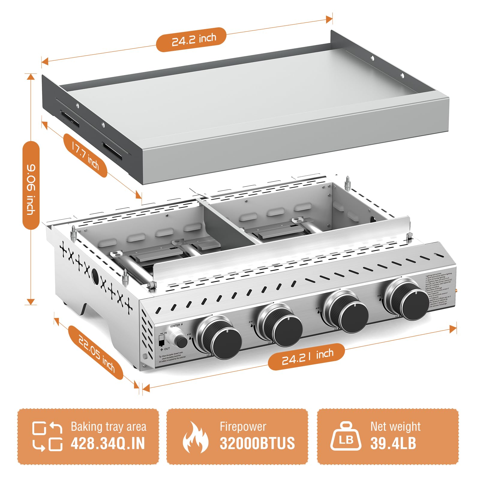 COWSAR close-up of four burners highlighting precise heat control and powerful 32000 BTU output