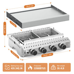 COWSAR close-up of four burners highlighting precise heat control and powerful 32000 BTU output