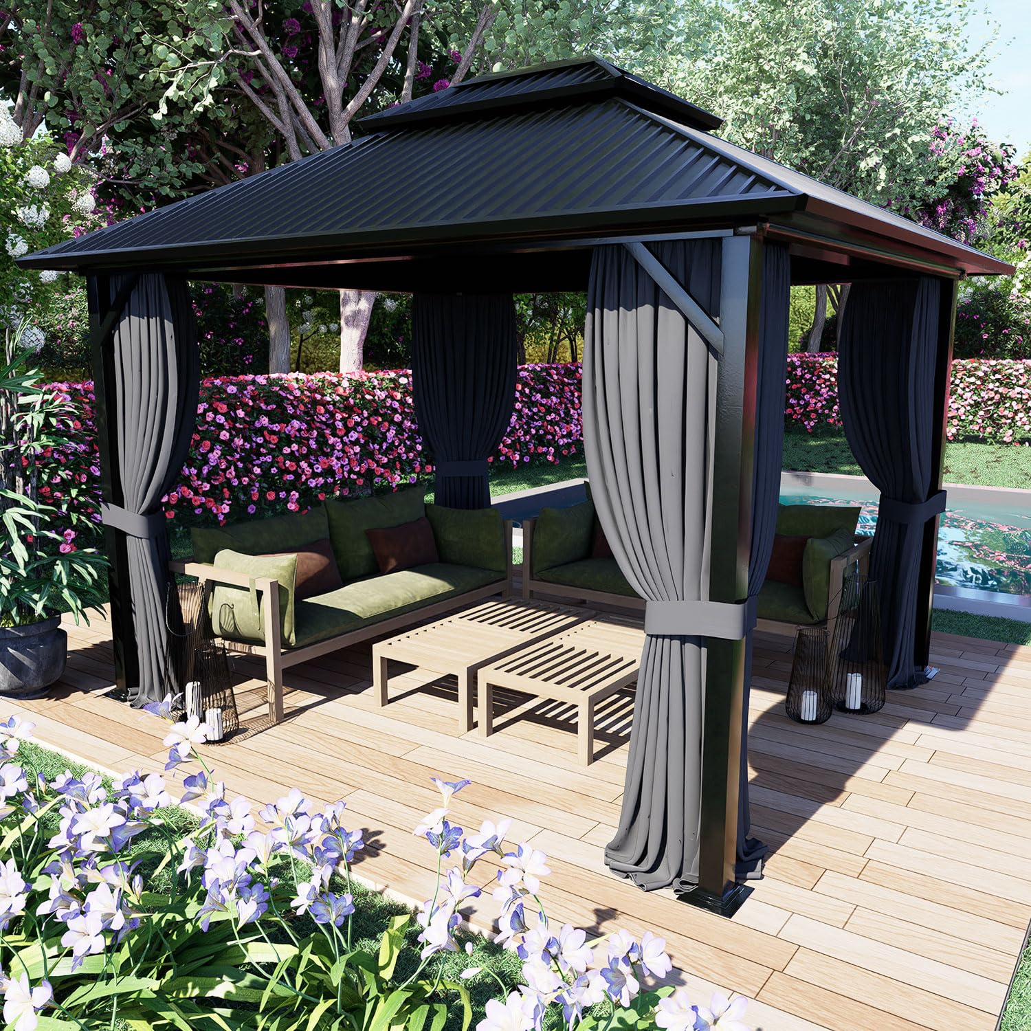 COWVIE lifestyle shot of curtains installed on backyard gazebo enhancing privacy