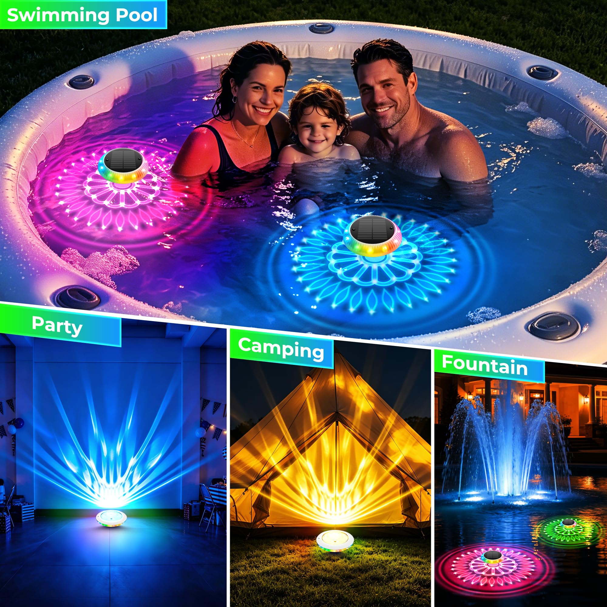 COXSENI pair floating in pool at night showing dramatic ambiance and party-ready light