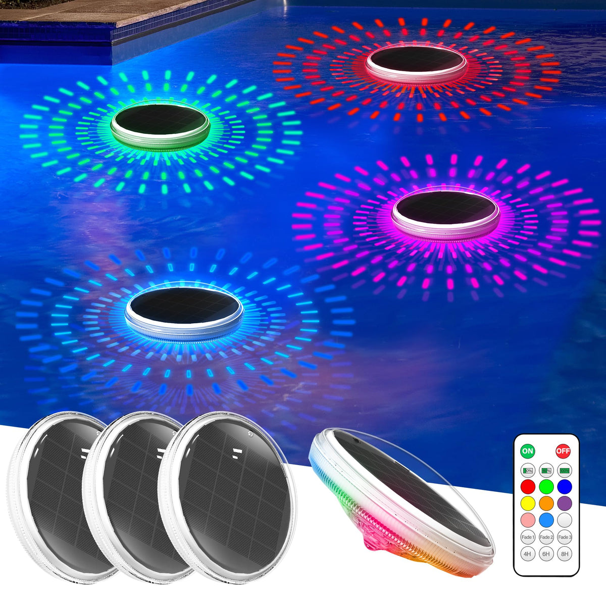 COXSENI front view of 4-pack floating lights showing compact design and easy setup