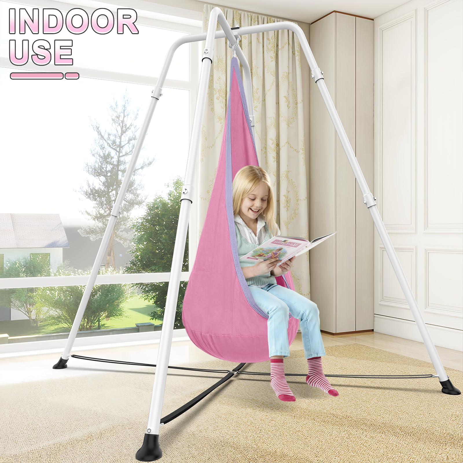 COZEER child using pod swing showing calming enclosure and quiet play benefit