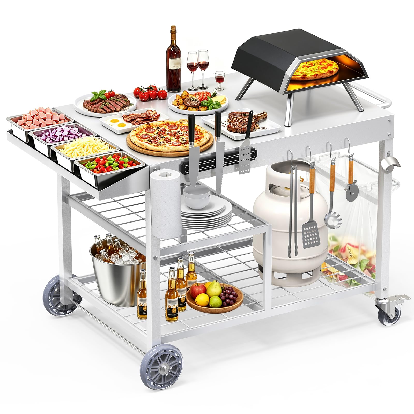 COZEER front view of pizza oven table showing sturdy workspace and organized setup