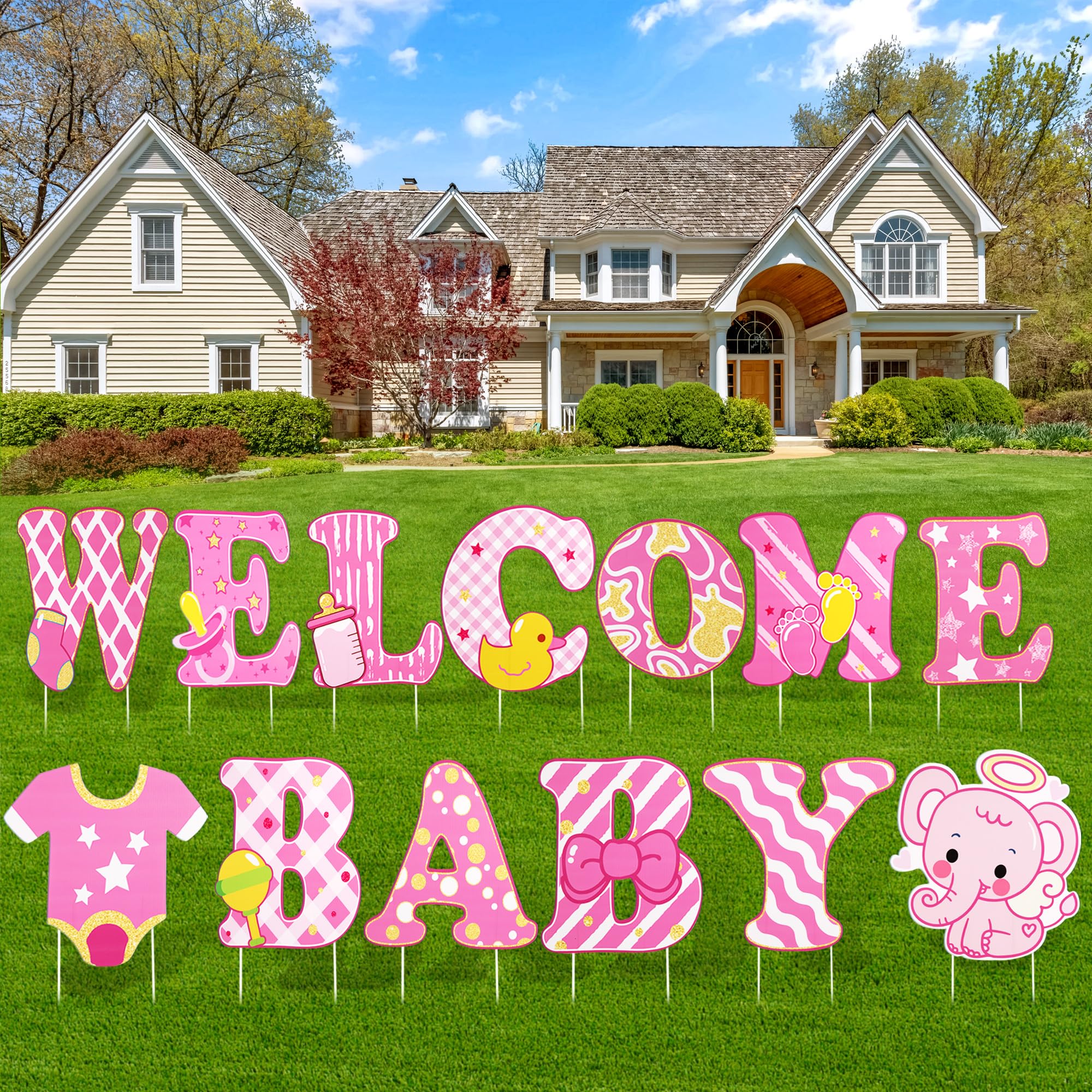 COZFUR front view of full 'It's a Girl' yard sign set showing bright letters
