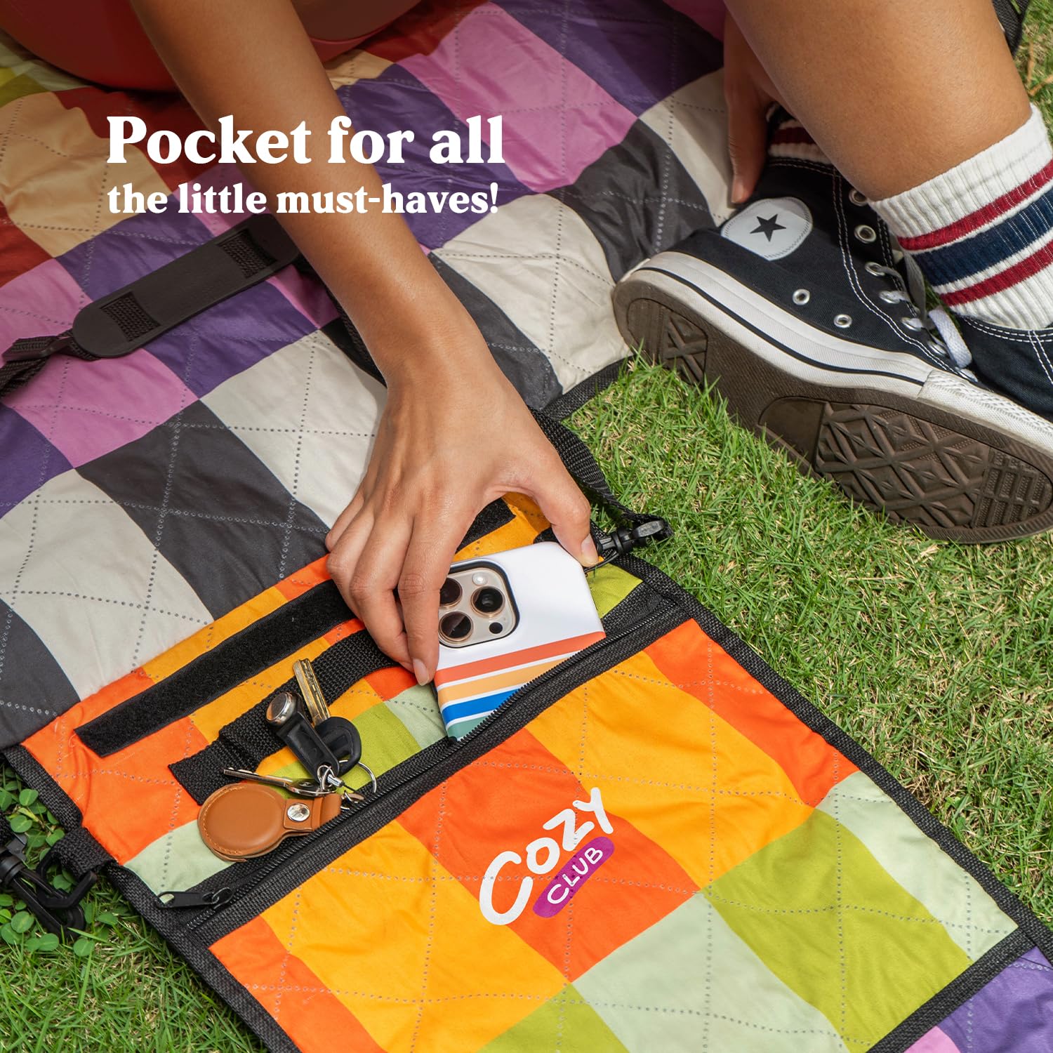 Cozy Club shoulder strap being used for hands-free transport convenience