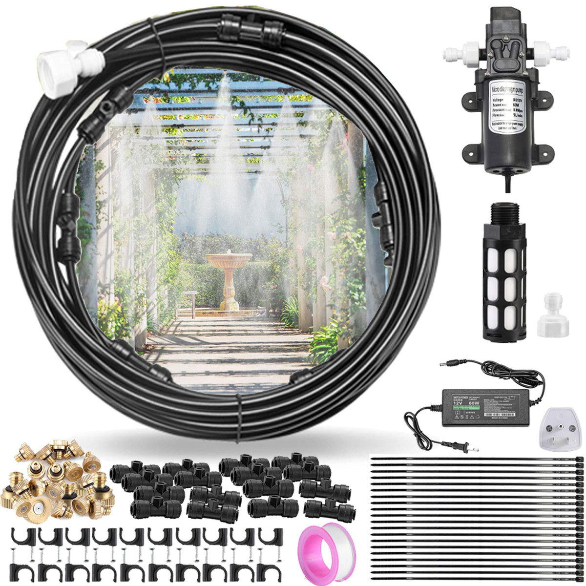 CozyCabin front view of misting kit showing complete contents and quick setup benefit