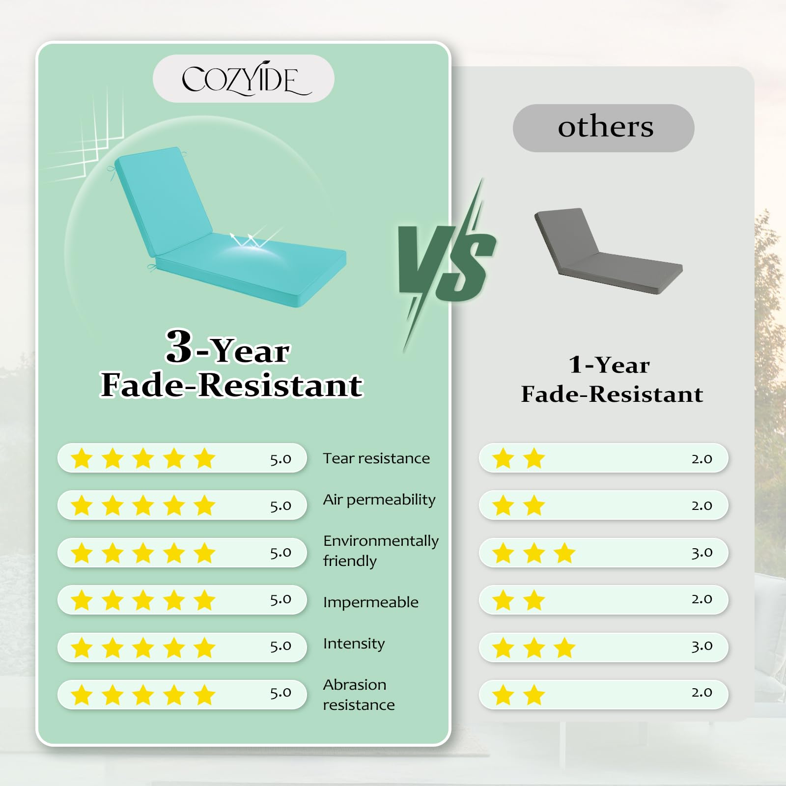 Cozyide cushion next to a chair to show scale and fit for standard chaise loungers