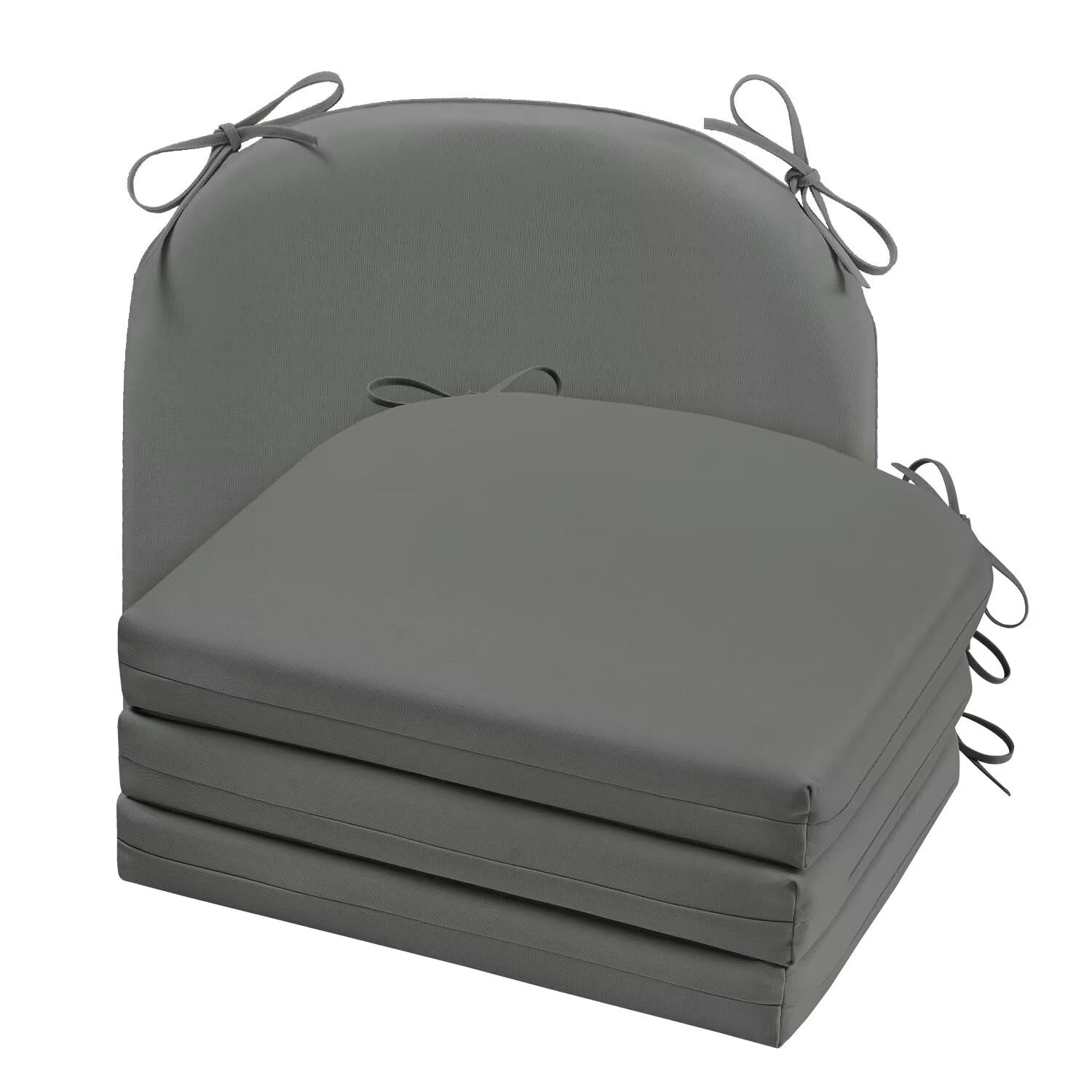 Cozyide front view of four dark grey outdoor chair cushions showing neat uniform look and curb appeal