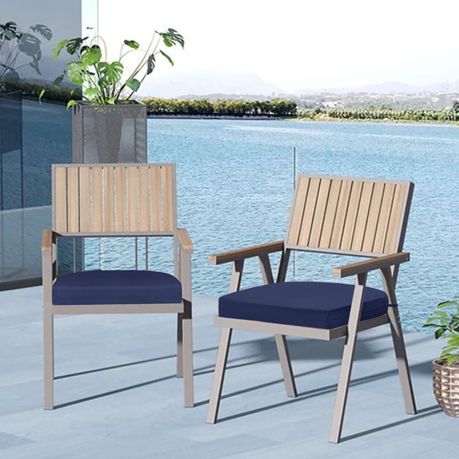 Cozyide cushions in garden setting showing coordinated navy style comfort benefit