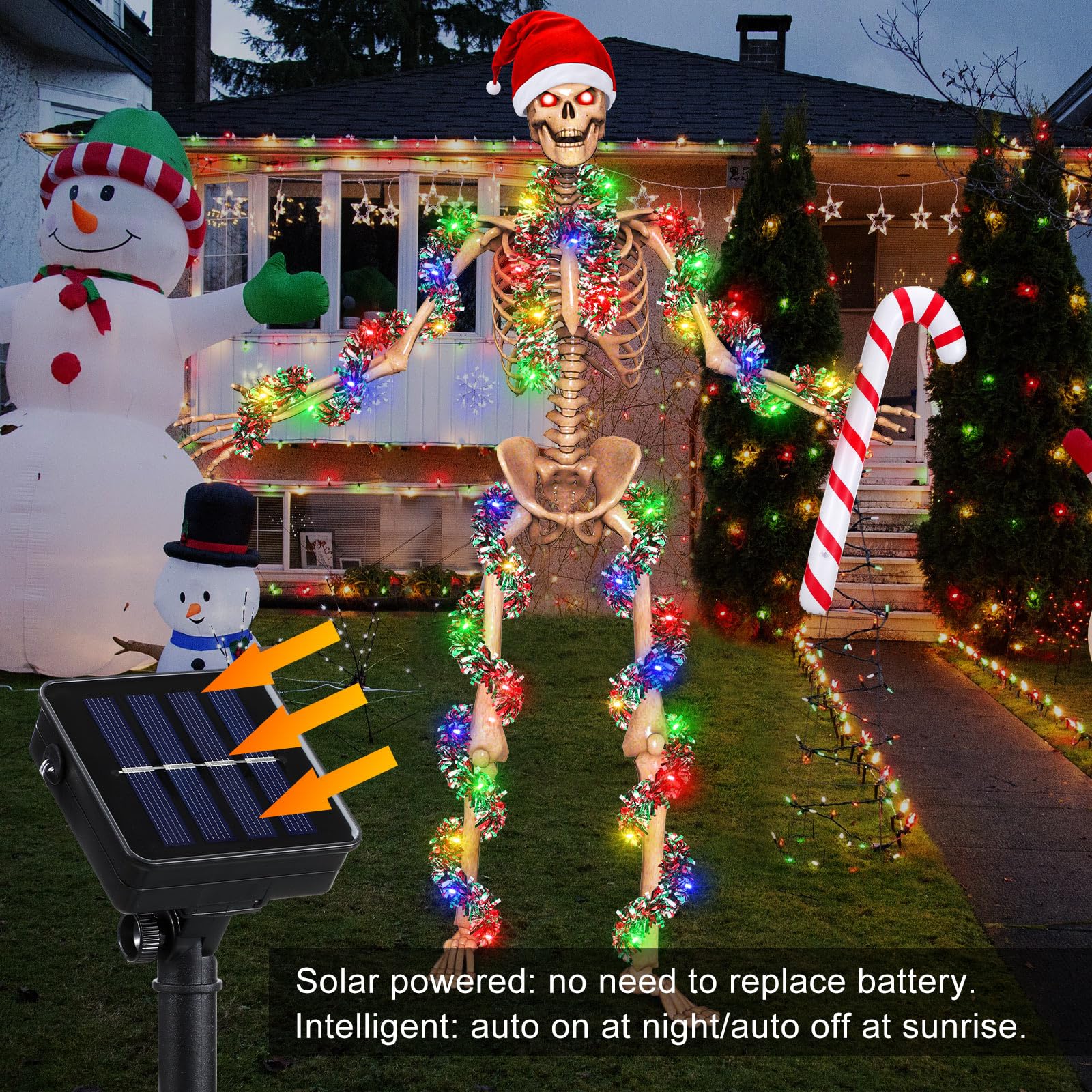 Cozypower full accessory set arranged on a 12 ft skeleton showing cohesive holiday look