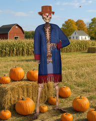 Cozypower front view on 12 ft skeleton showing full scarecrow outfit and curb appeal