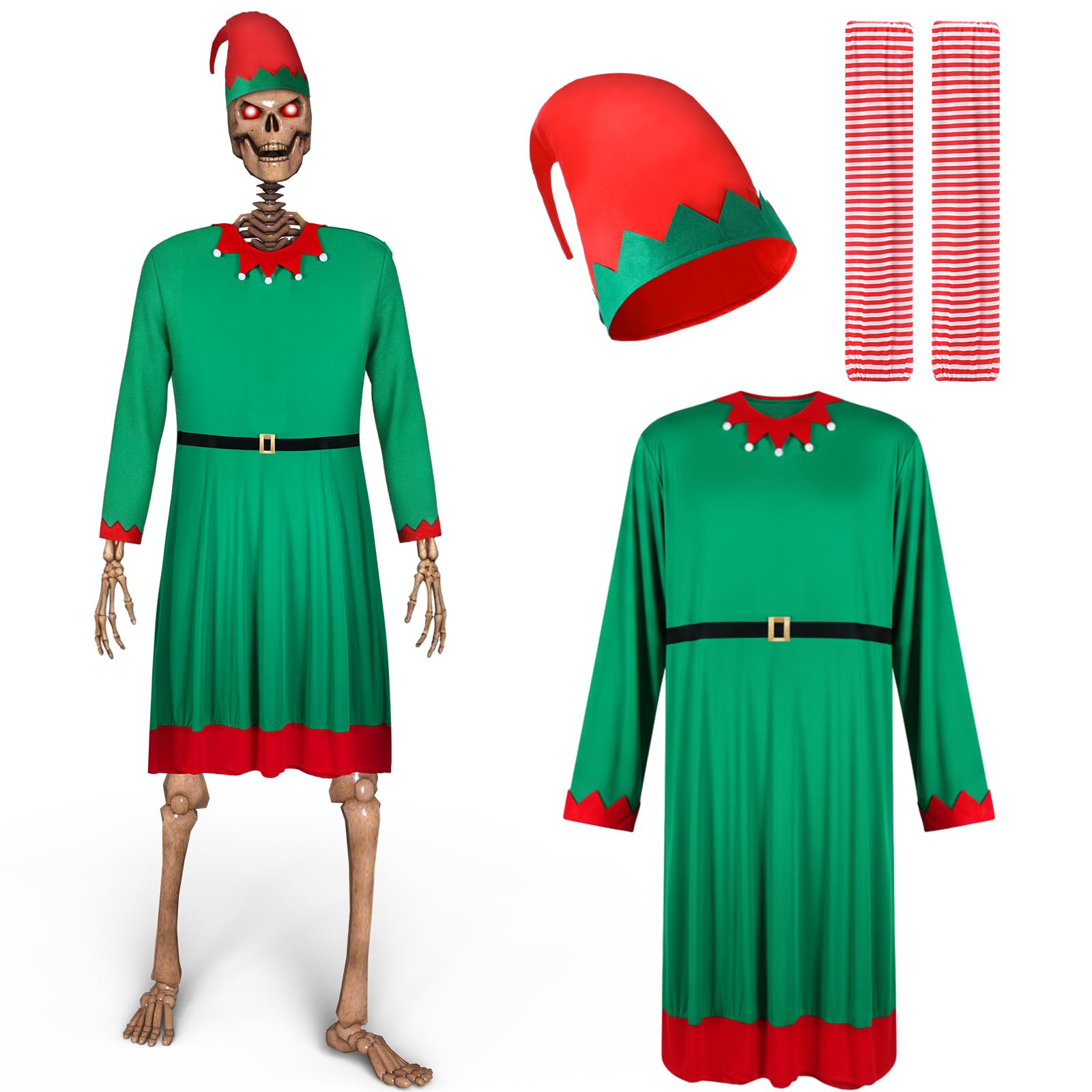 Cozypower elf costume on 12ft skeleton showing cheerful holiday makeover
