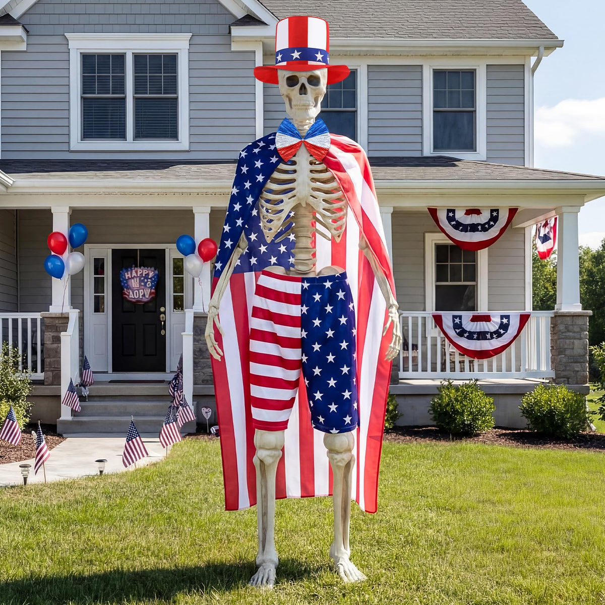 Cozypower full outfit on 12 ft skeleton for patriotic yard impact