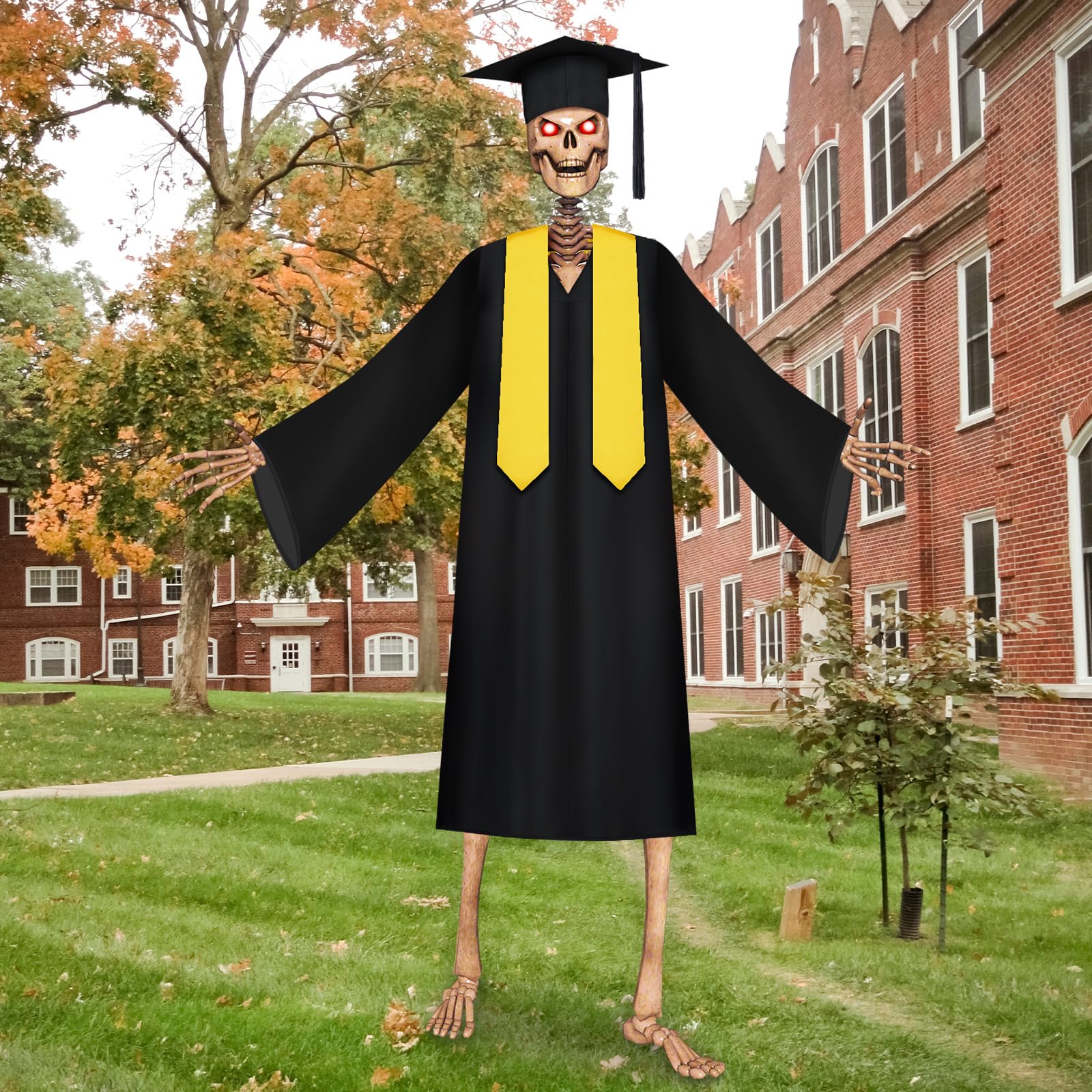 Cozypower full 12 ft skeleton wearing outfit in front yard creating an eye-catching outdoor display