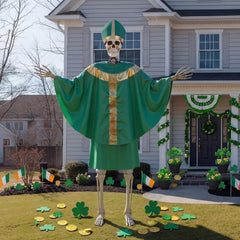 Cozypower robed skeleton in yard giving a striking St. Patrick's Day focal point