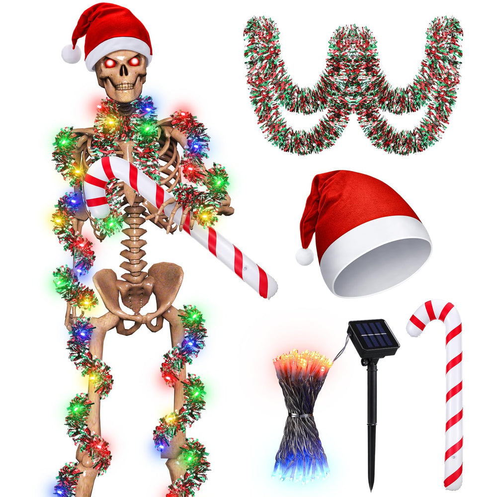 Cozypower plush Santa hat secured on large skeleton head for festive appearance and fit