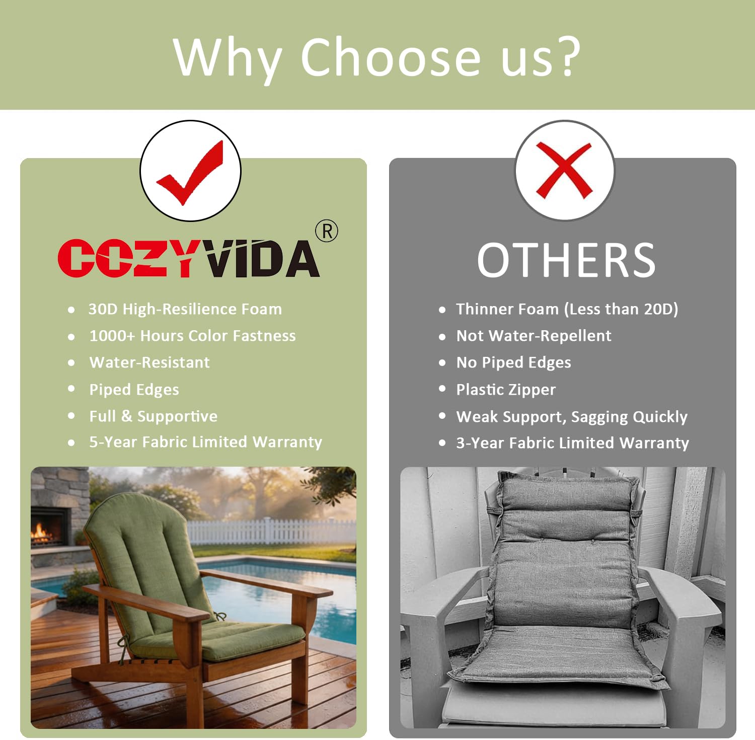 COZYVIDA close detail of cushion edge seams and ties for secure chair attachment