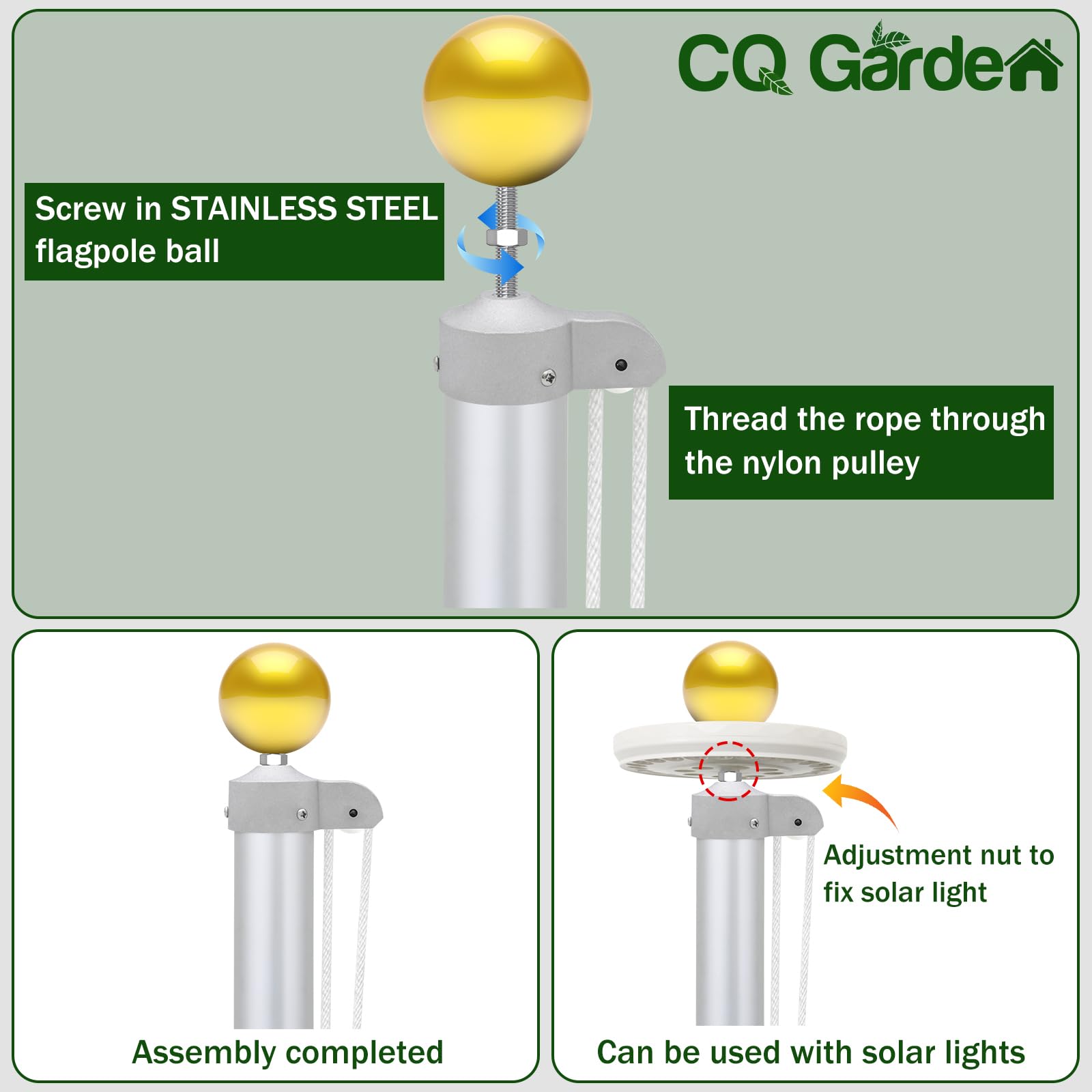 CQ Garden 3.5-inch ball topper detail highlighting decorative, rust-resistant finish