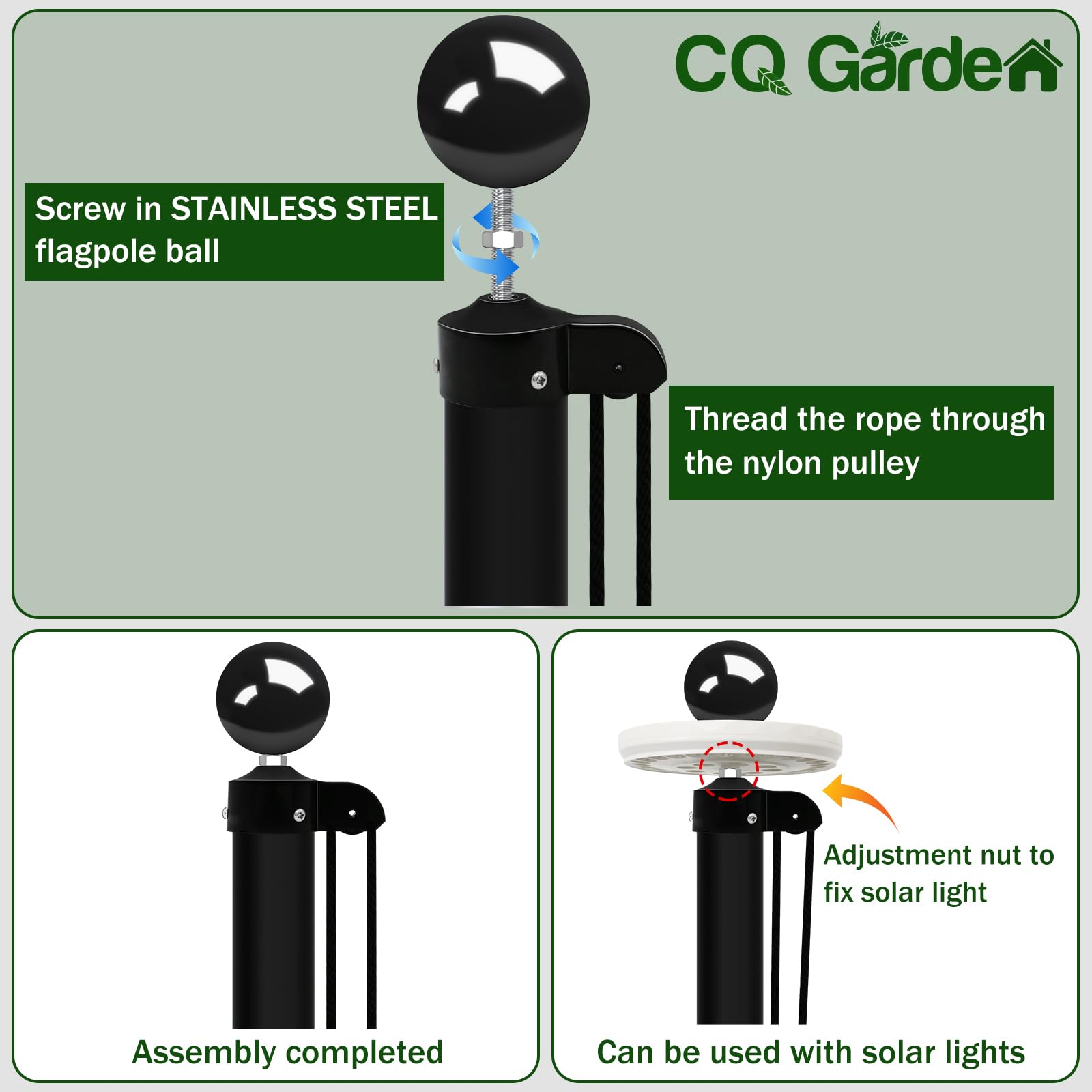 CQ Garden 3.5 inch stainless steel ball topper detail adding polished protection