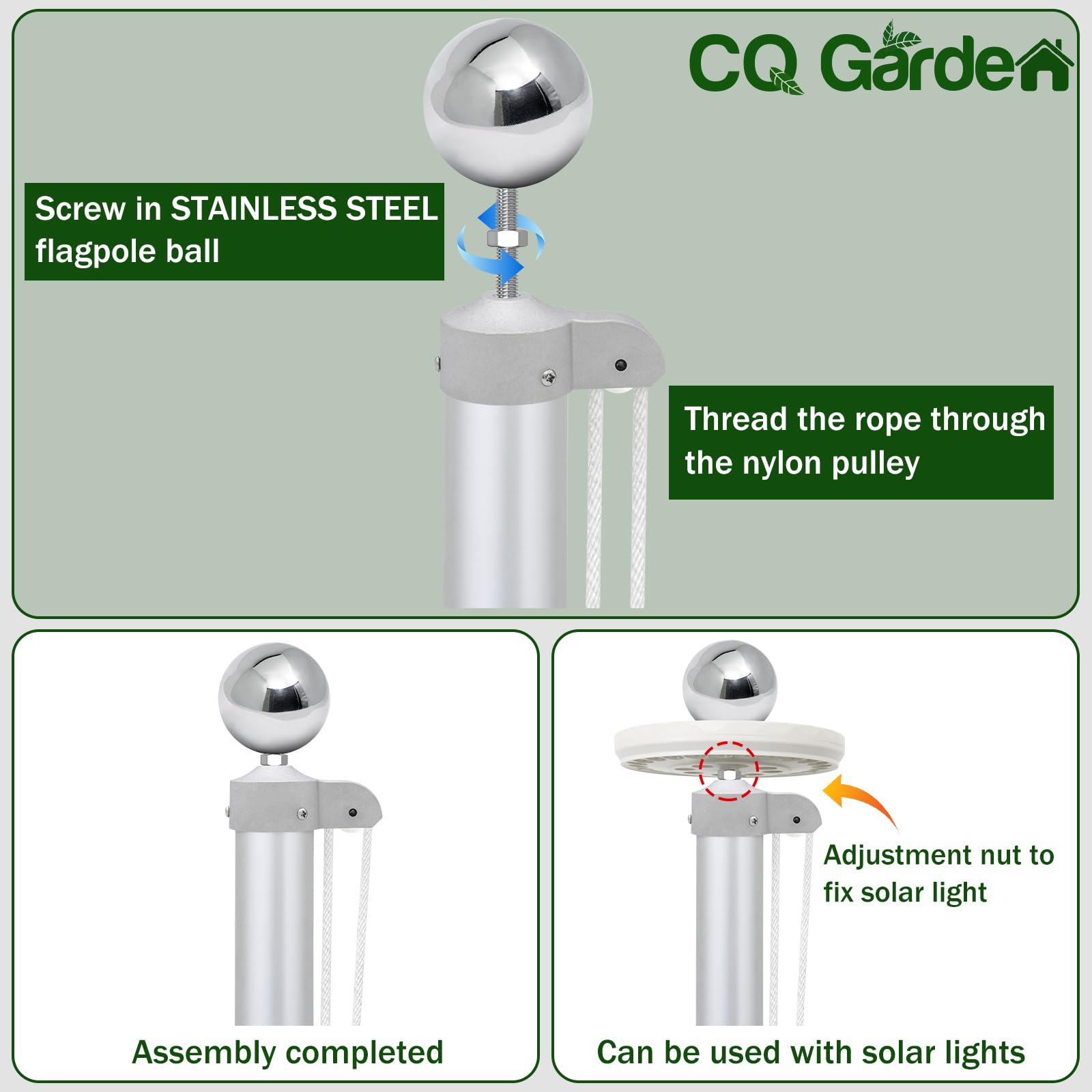 CQ Garden 3.5-inch ball topper detail showing rust-resistant finish benefit