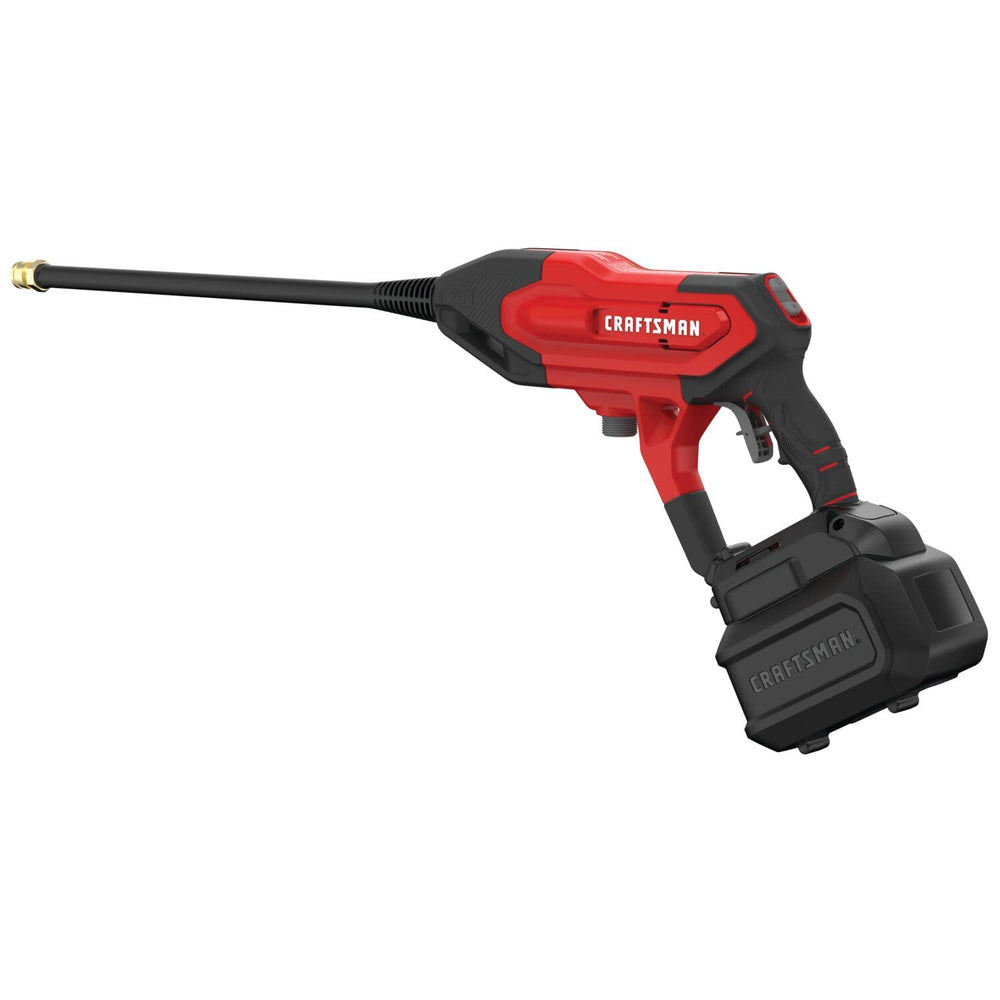 CRAFTSMAN cleaner next to V20 battery showing scale and compatibility benefits