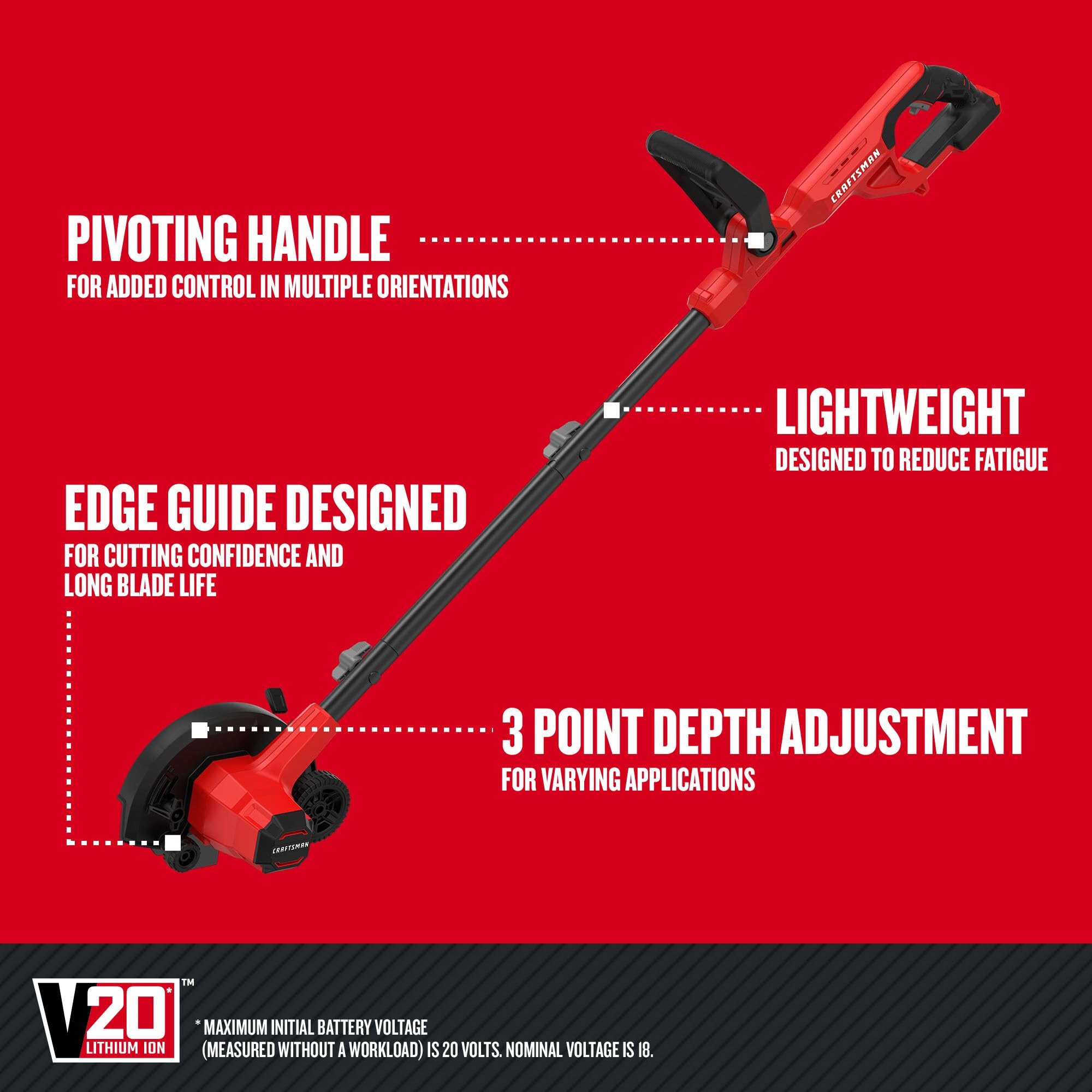 CRAFTSMAN edger side profile illustrating lightweight body for effortless mobility