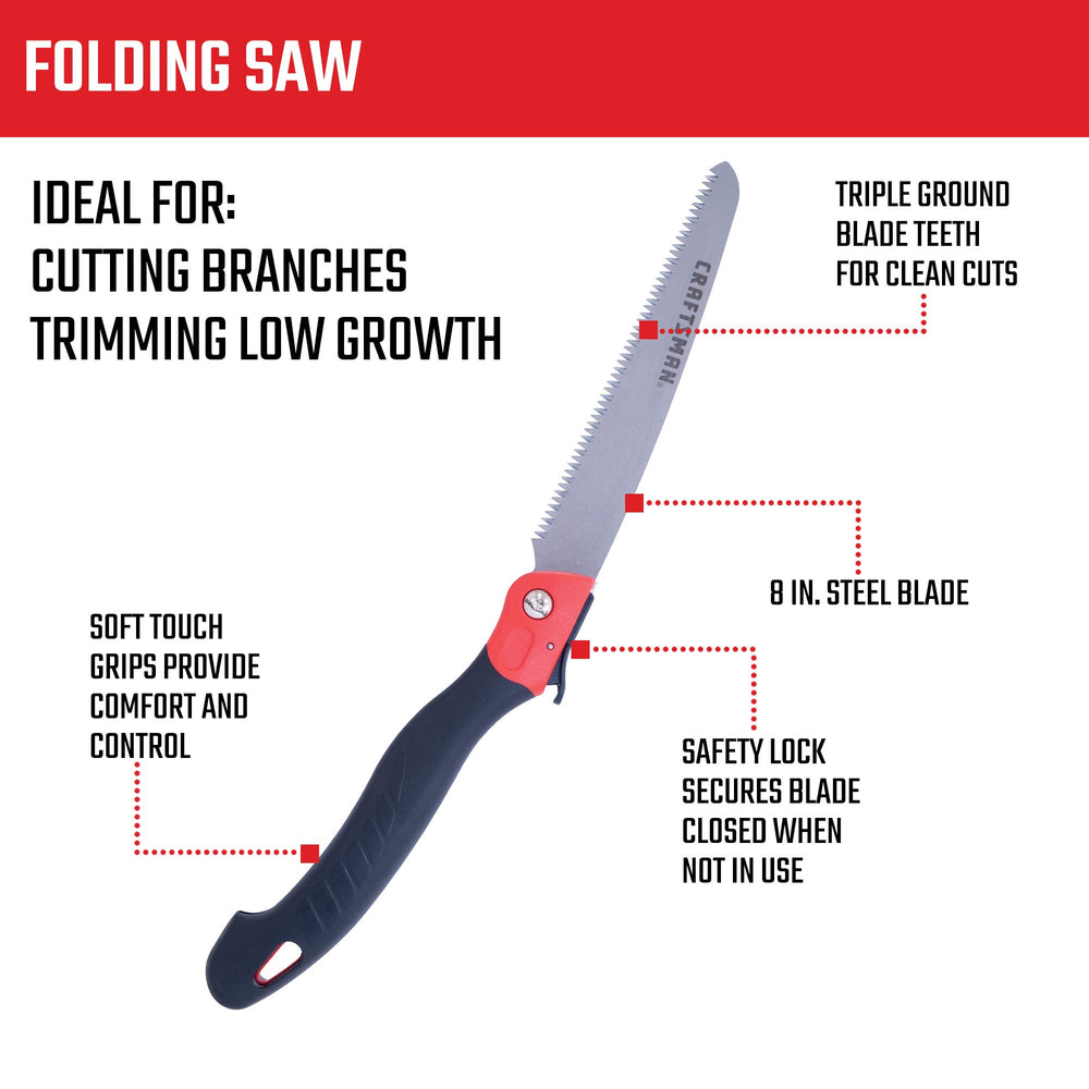 CRAFTSMAN folding pruning saw open blade with triple-ground teeth for efficient cuts