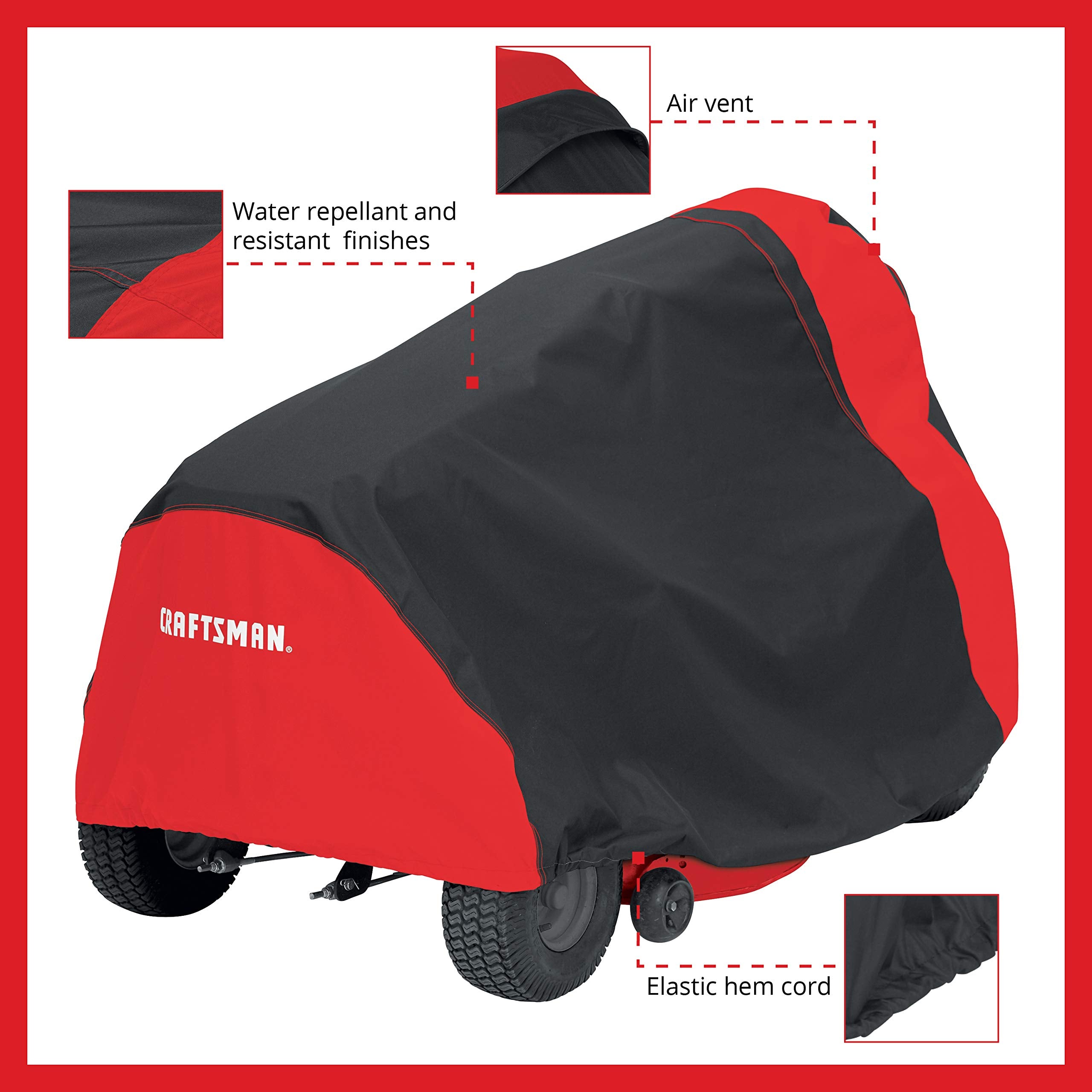 CRAFTSMAN cover in use on a lawn tractor outdoors protecting from rain