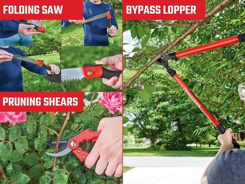 CRAFTSMAN pruning set next to ruler for scale showing tool sizes and capacities
