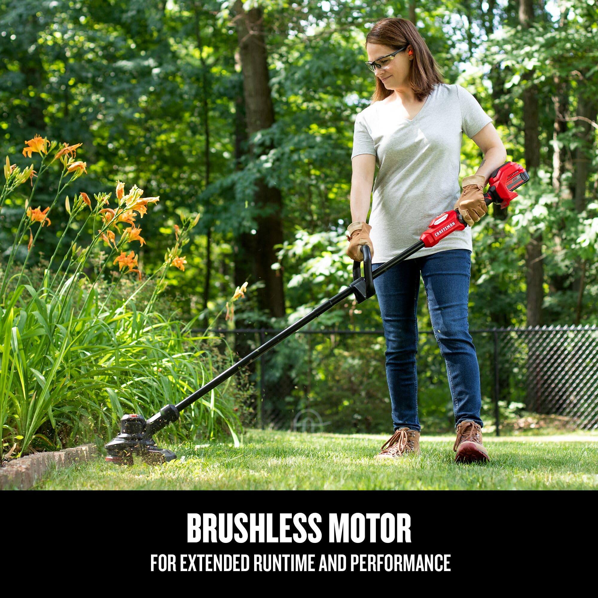 CRAFTSMAN trimmer beside handrail illustrating compact lightweight design
