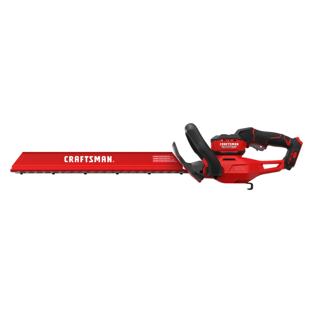 CRAFTSMAN V20 making angled cut on bush showing crisp edge and uniform trimming benefit