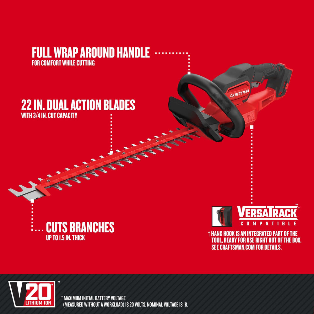 CRAFTSMAN close-up of 22-inch dual-action blade highlighting cleaner hedge cuts