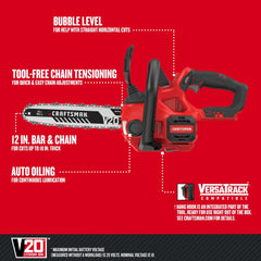 CRAFTSMAN V20 bar and chain closeup highlighting precise cutting edge