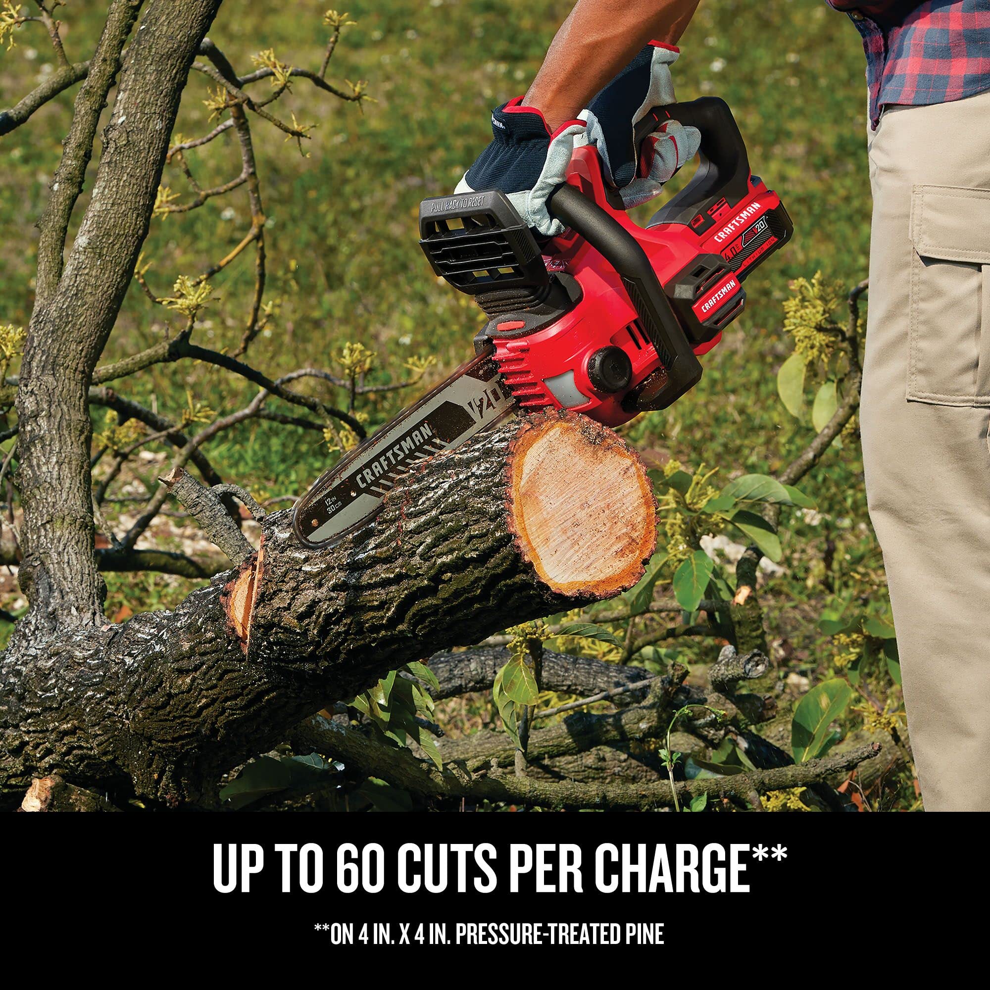 CRAFTSMAN V20 cutting a branch showing cordless convenience and mobility