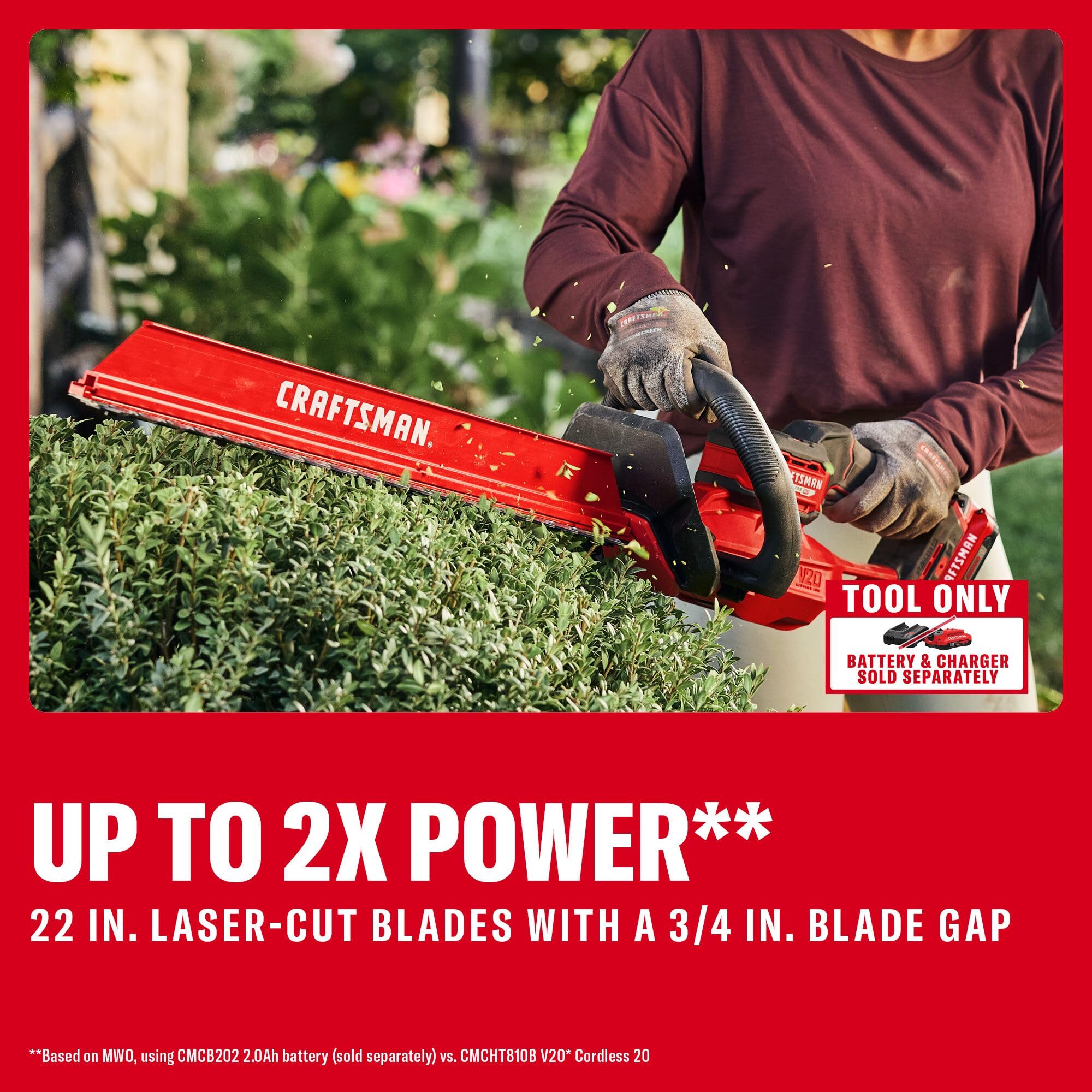 CRAFTSMAN V20 hedge sweep attachment mounted showing faster cleanup benefit