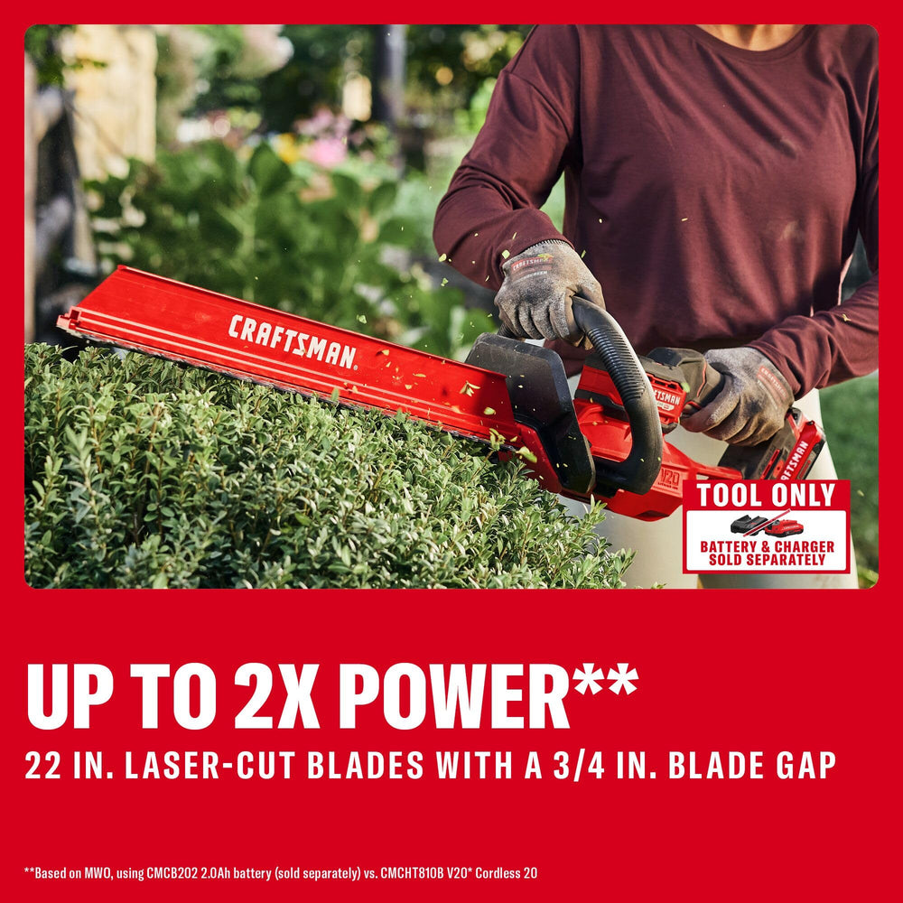 CRAFTSMAN V20 hedge sweep attachment mounted showing faster cleanup benefit