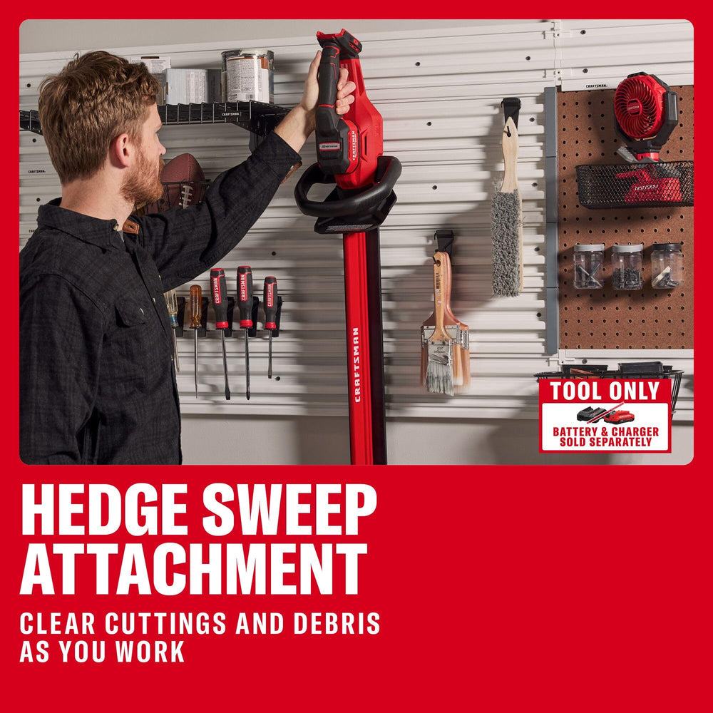 CRAFTSMAN V20 in use trimming a large hedge demonstrating extended reach and control