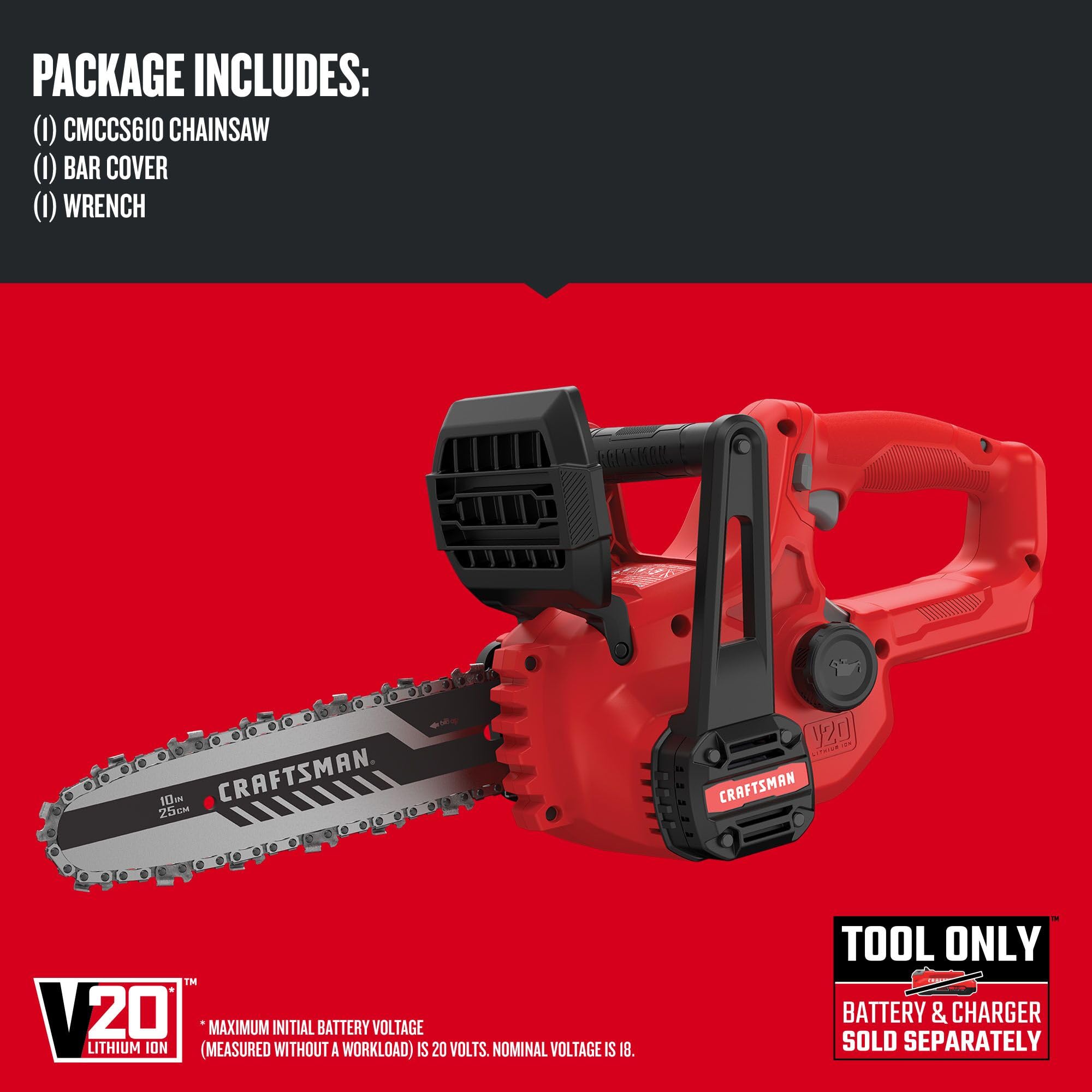 CRAFTSMAN V20 mini chainsaw bar and chain closeup showing auto-oiling area