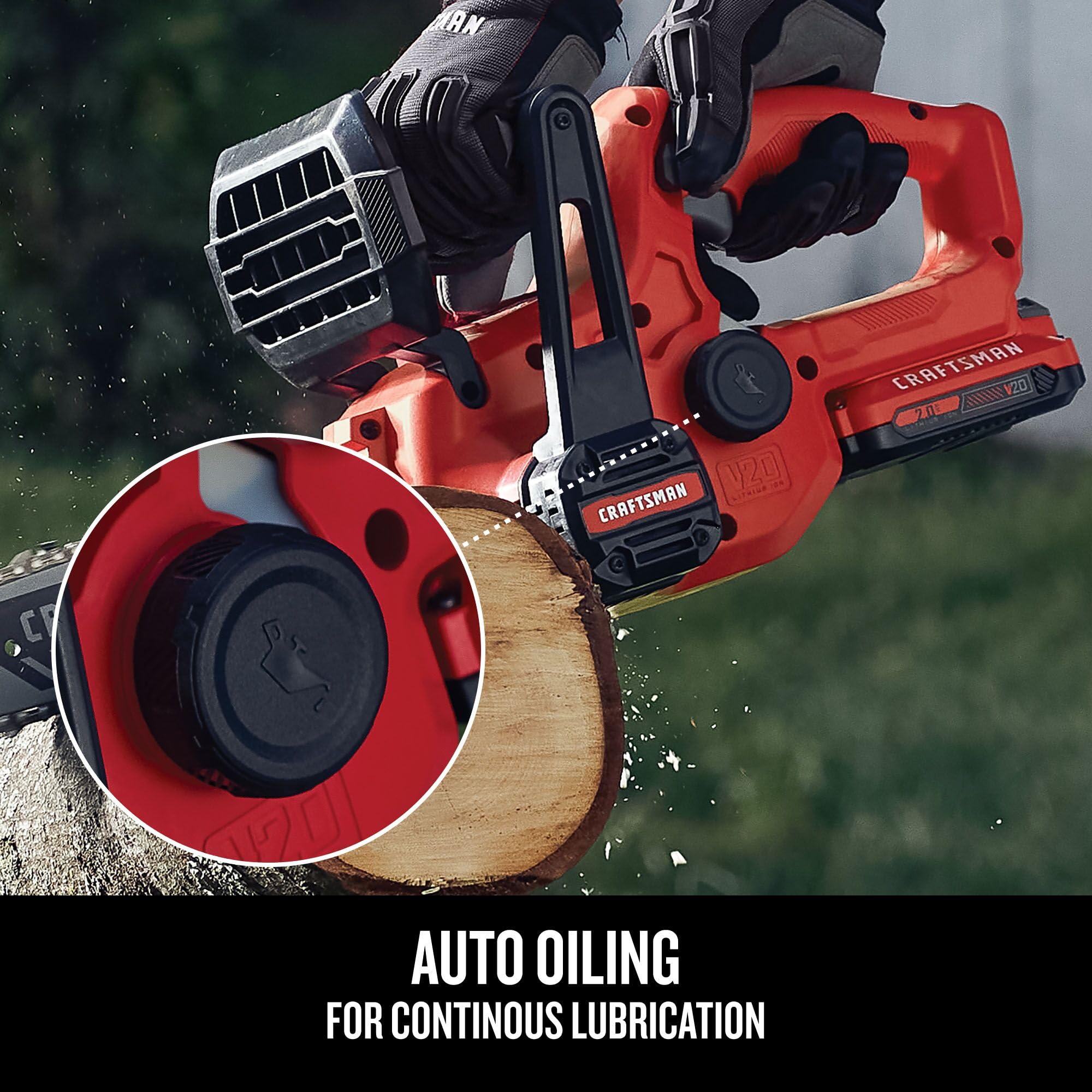 CRAFTSMAN V20 mini chainsaw cutting a limb illustrating easy pruning