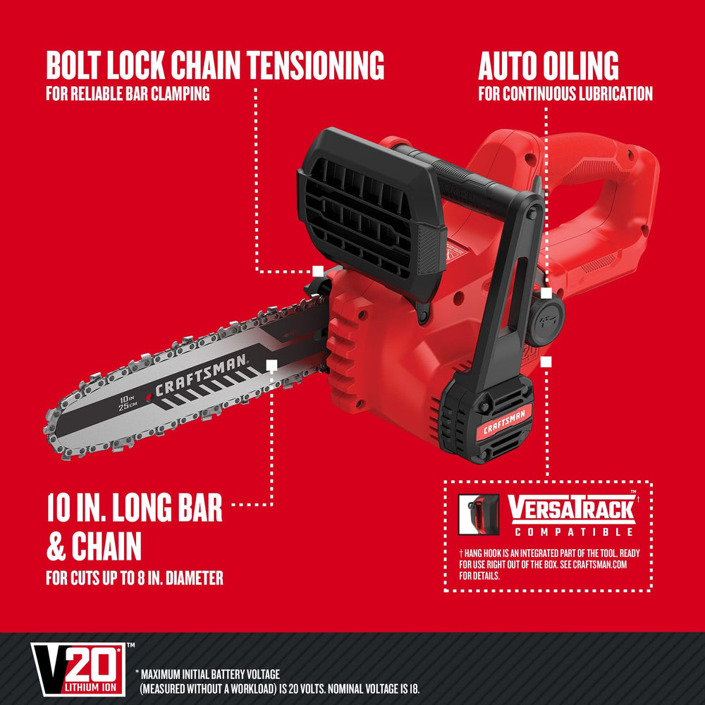 CRAFTSMAN V20 mini chainsaw side profile highlighting lightweight handling