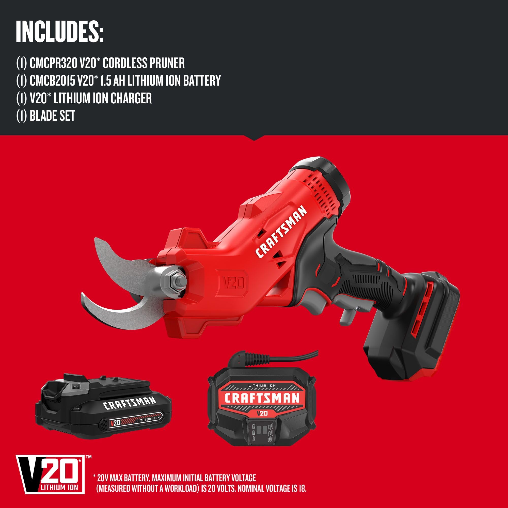 CRAFTSMAN V20 pruner cutting a branch quickly to show fast cordless performance and clean cuts